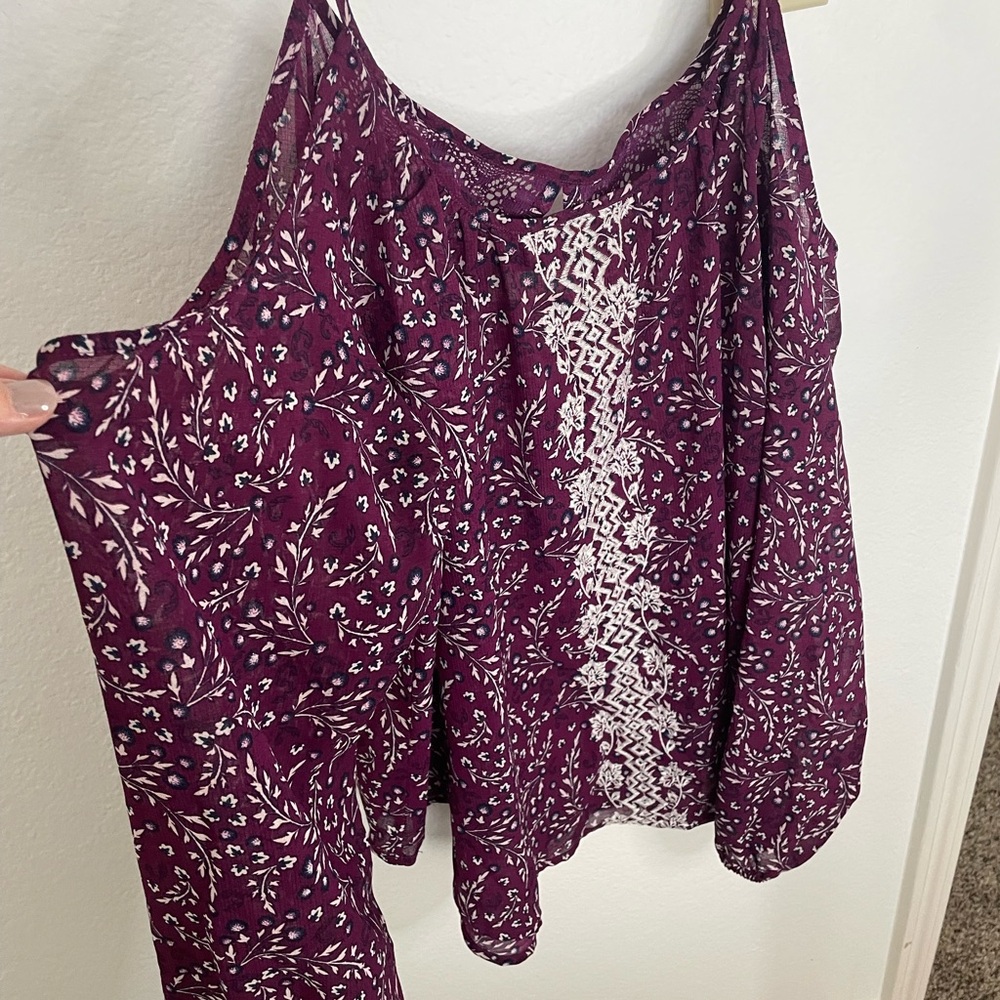 Rewind Plum Floral Crochet-Detail Tank